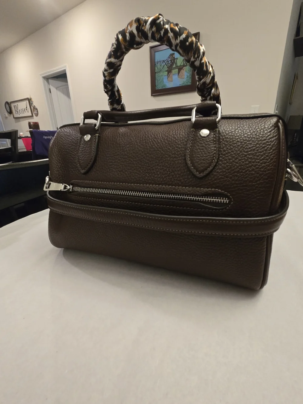 Coach Dark Brown Pebbled Leather Satchel with Scarf Accent